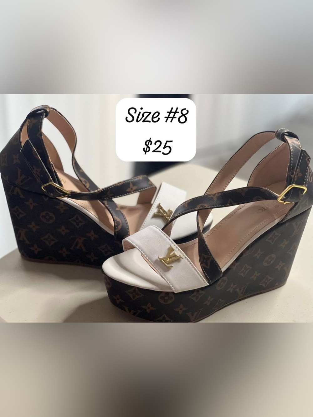 Designer-Inspired White and Brown Wedge Sandals with Gold Detail